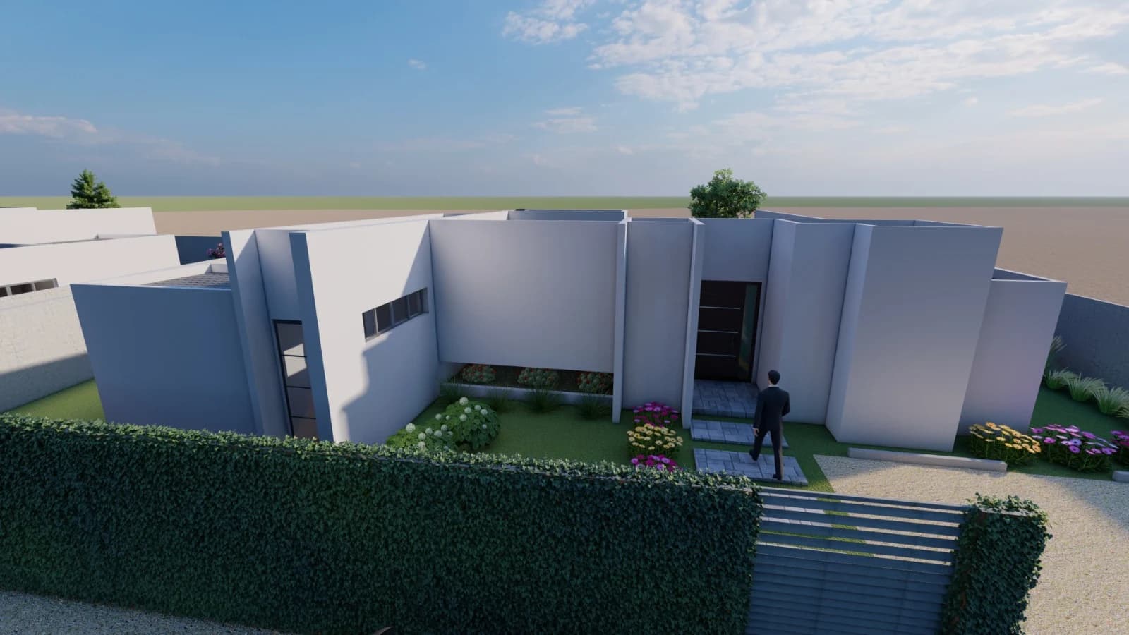 Render del frente de una vivienda de Arrayanes del Carmen, de un piso y volúmenes blancos