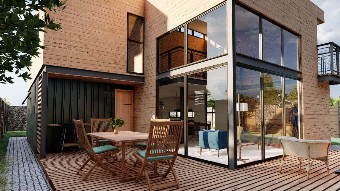 Render de la terraza de una vivienda particular de madera y grandes ventanales